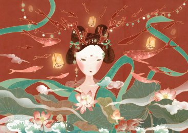 荷塘锦鲤与古装女子唯美插画