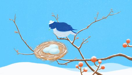 冬天积雪的树枝上鸟窝旁边戴着帽子的小鸟治愈插画