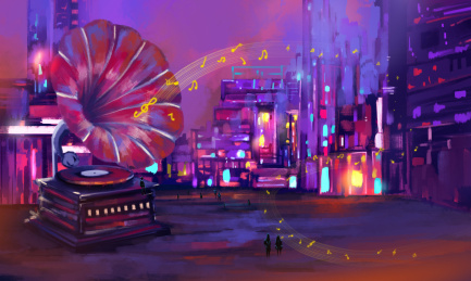 有大型留声机建筑物的城市飘荡着音符 赛博朋克音乐插画