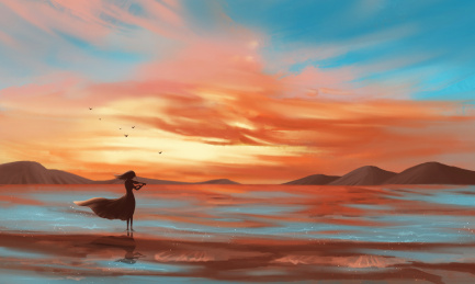 海滩彩霞背景下正在拉小提琴的女孩插画