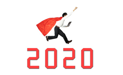 2020新年白底背景下一个商务人士精英超人英雄穿着西服西装跨年跨过困难开始新的征途奋斗