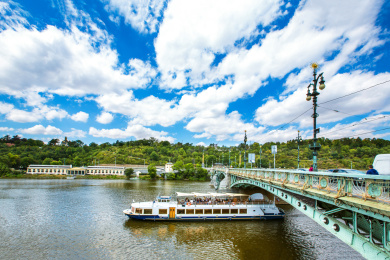 蓝天白云下捷克共和国首都布拉格市伏尔塔瓦河里桥梁和游船
