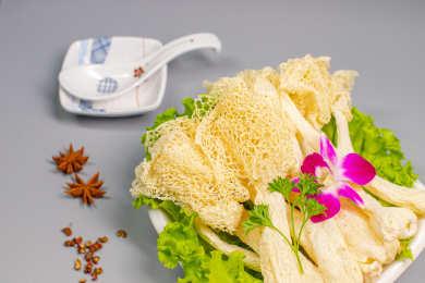 放在白色瓷盘生菜叶上的竹笙