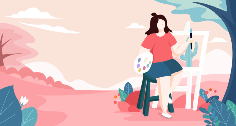 胖女孩在野外写生画画