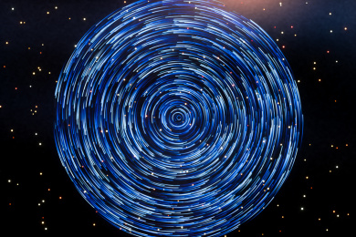 围绕中心旋转的发光粒子，三维渲染