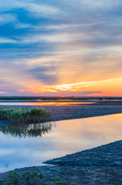 中国辽宁省盘锦市红海滩傍晚落日晚霞自然风光