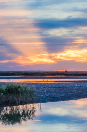 中国辽宁省盘锦市红海滩傍晚落日晚霞自然风光