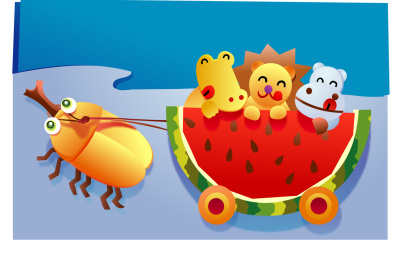 小动物们坐西瓜车卡通简笔画