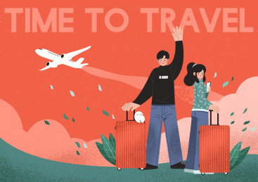 一个拉着行李箱的男人和一个拉着行李箱的女人