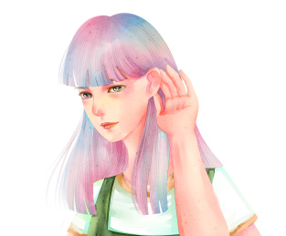 水彩风格少女仔细听着周围环境插画人物元素