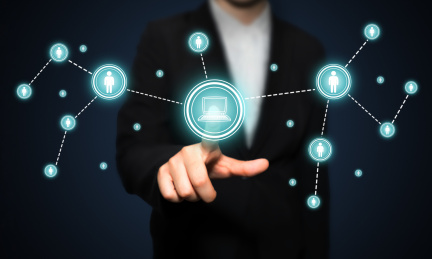 手触控未来科技感计算机网络拓步结构结点象征数据传输和通讯通信自动化机器人工智能概念