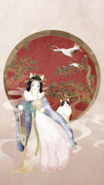 在松树飞鹤前放松侧坐的中国风猫贵妃