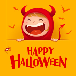 万圣节快乐。可爱的小红魔恶魔手持展板。