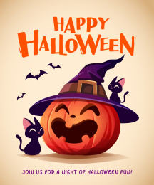 万圣节快乐海报。带巫婆帽子的南瓜杰克灯笼。