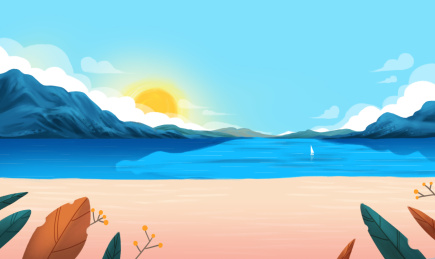 郊外湖边平静的水面唯美风景插画