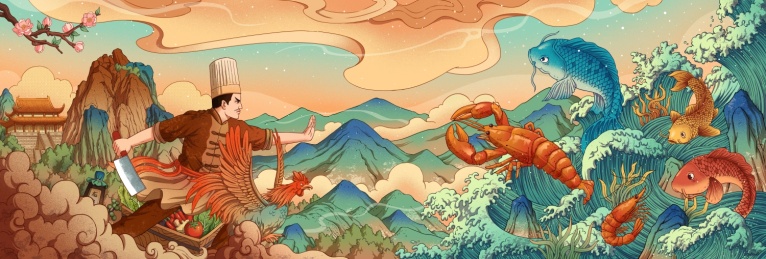 饭店厨师与海鲜的对决插画