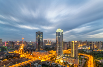 中国四川省成都市339电视塔及周边建筑夜景