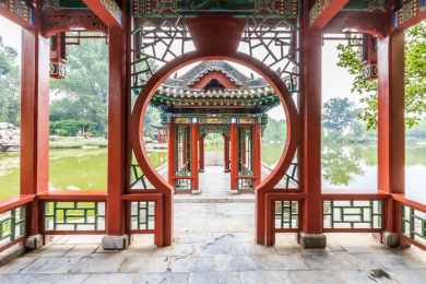 中国山西省太原市晋祠公园风雨亭建筑景观