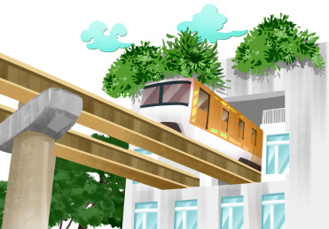 扁平风格中国重庆著名景点地标李子坝轻轨插画