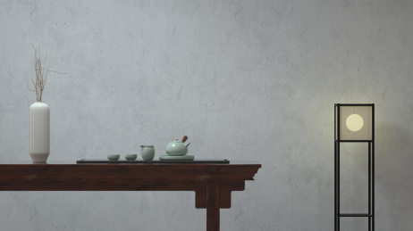 中国风题材的新中式家居和茶具套装，3d渲染