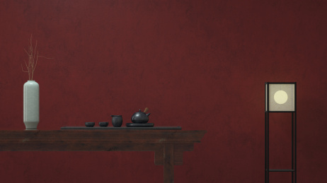 中国风题材的新中式家居和茶具套装，3d渲染