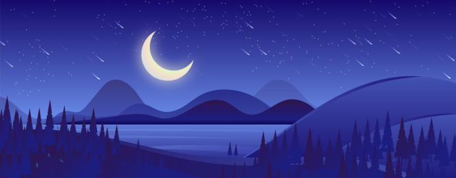 夜晚星空下的原始森林非常宁静，几只小鸟飞过河面插画背景