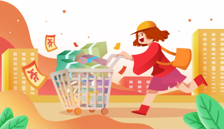 卡通手绘女生手推购物车电商购物网购海报闪屏插画