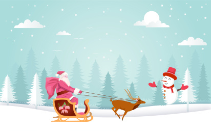 雪地上圣诞老人驾车送礼物的扁平插画