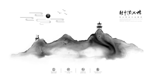 中国风墨韵亭台楼阁山水画 国画小品