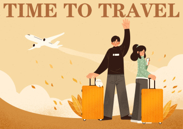 秋日里一对拉着行李箱的男女一架客机划过天际