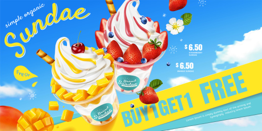 美味草莓与芒果圣代广告与蓝天背景