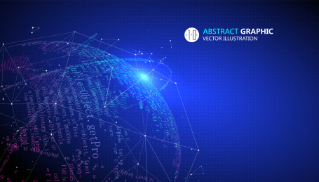 数据代码组成的地球和代表蓝色科技的海报背景或杂志封面