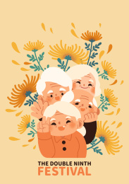 四个满面笑容的老人和许多菊花