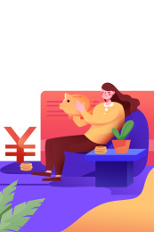 卡通手绘金融扁平插画女人储蓄存钱猪插画