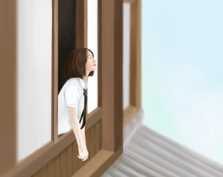 女孩在窗口感受阳光空气