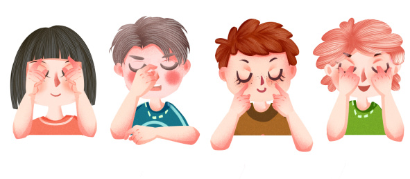 可爱风格学生们做眼保健操插画 世界爱眼日插画人物元素