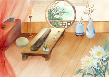 手绘古风室内场景古琴昙花