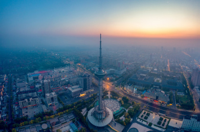 航拍山东东营西城标志建筑胜利电视塔全景