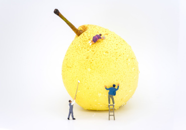 水果创意图片白色背景正在清洁梨的小人