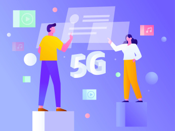 5G科幻未来与互联网协作的男人女人，扁平矢量人物场景创意概念插画