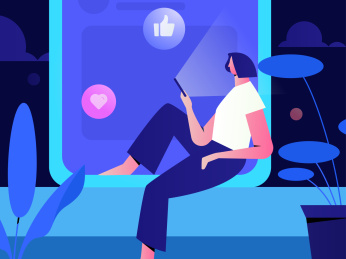 客厅里刷朋友的女子，扁平矢量人物场景创意概念插画