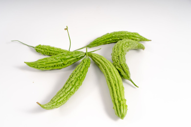 放在纯白色背景下的多个新鲜苦瓜