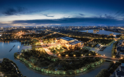 中国浙江嘉兴南湖革命纪念馆霞光照射