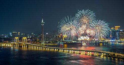 中国澳门城市繁华夜景和节日烟花汇演