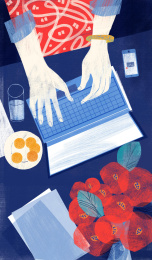 桌前电脑办公的女士双手插画