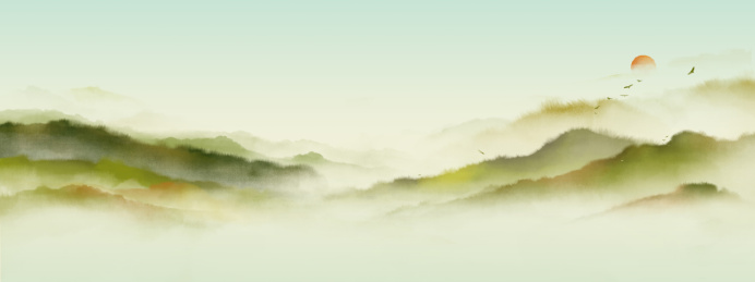 草绿色山林飞鸟水墨山水画 中国风水墨水彩画