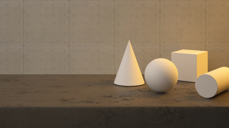 石膏几何体和开裂的地面、混凝土墙面，3d渲染