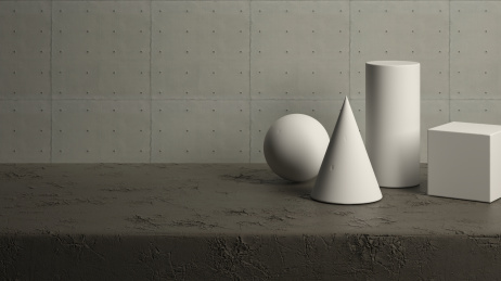 石膏几何体和开裂的地面、混凝土墙面，3d渲染