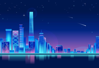 灯光绚烂的城市建筑物夜景平视图