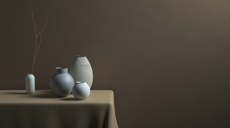 家居题材的桌子上的花瓶和陶罐，3d渲染